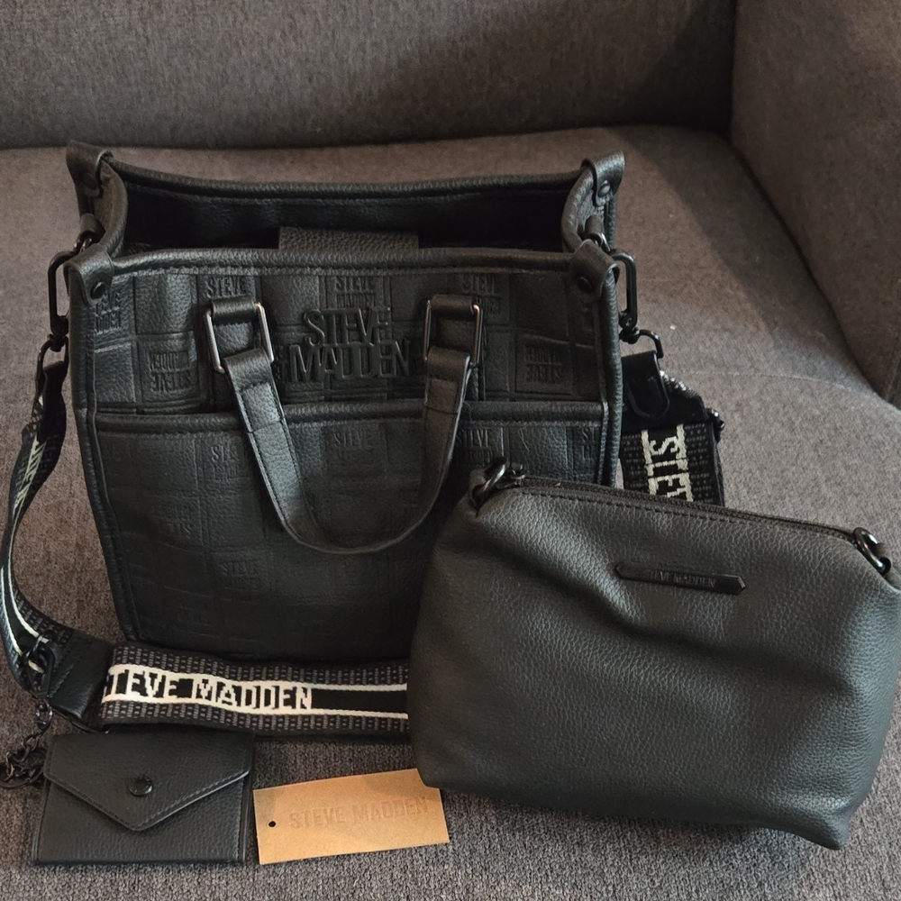 Steve Madden Black Logo Embossed Crossbody Bag Set